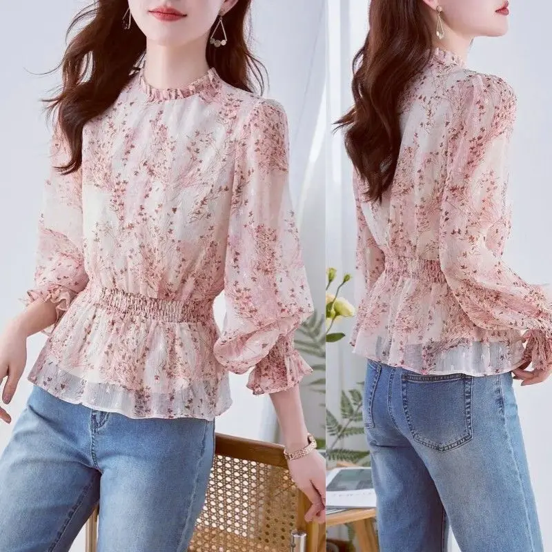 

Loose Women's irt 2025 New Sle Bubble Sve round Ne Floral Print Faionable And Sli Belly Covering Gauze