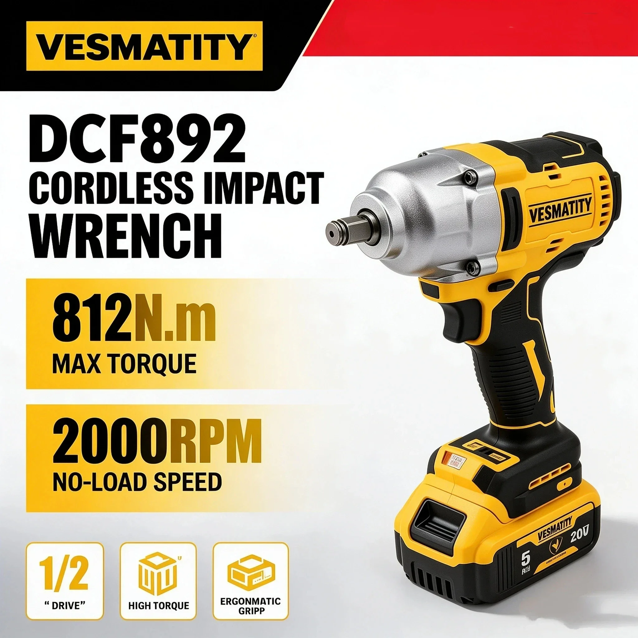 DCF892 Cordless Impact Wrench 800N.m High Torque Brushless Electric Power Tool 20V Battery for Car Repair Home Improvement DIY