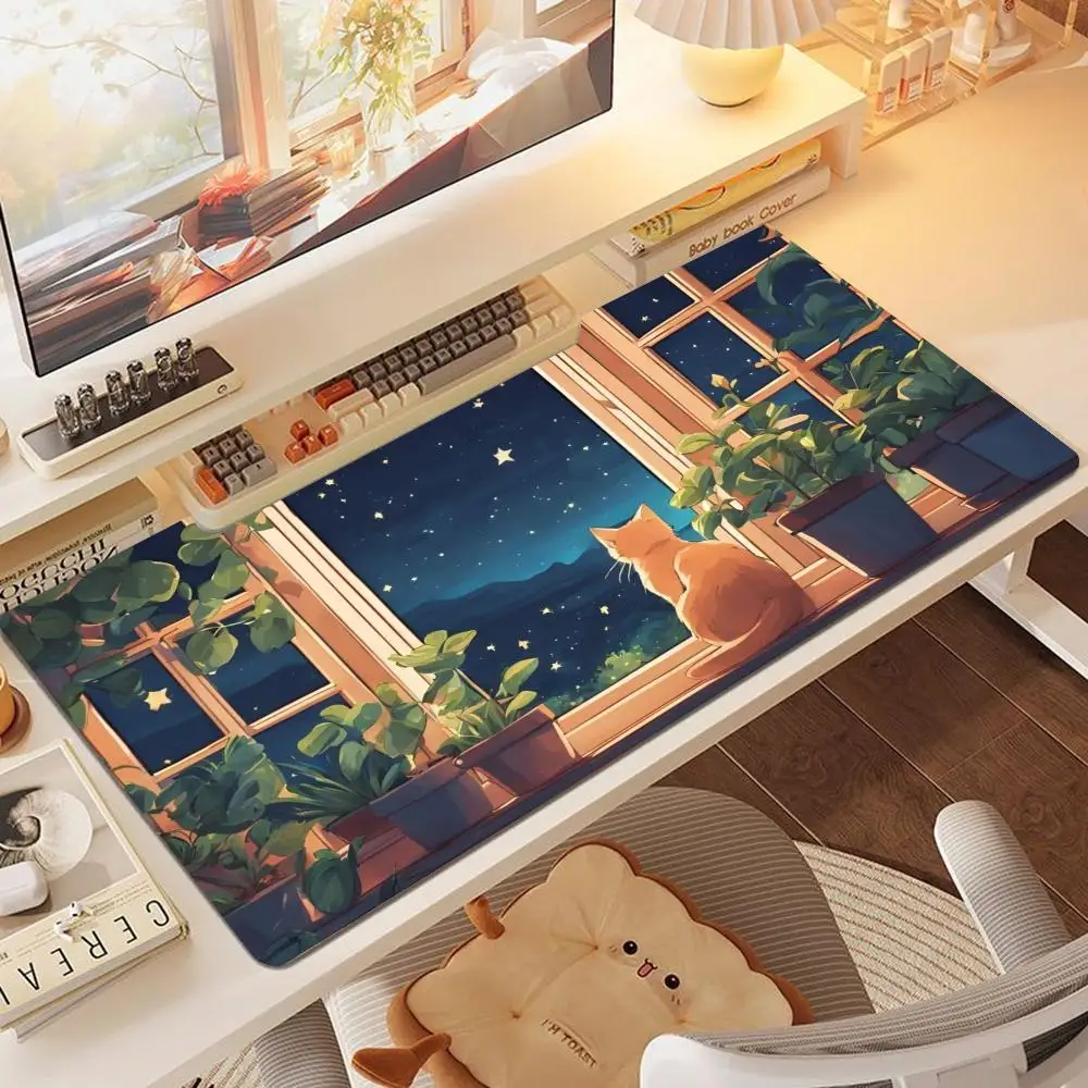 Night Window Kitten Desk Mat Large Anti Slip Mousepad for Girls Gaming Table Decor, Starry Sky Plant Scenery