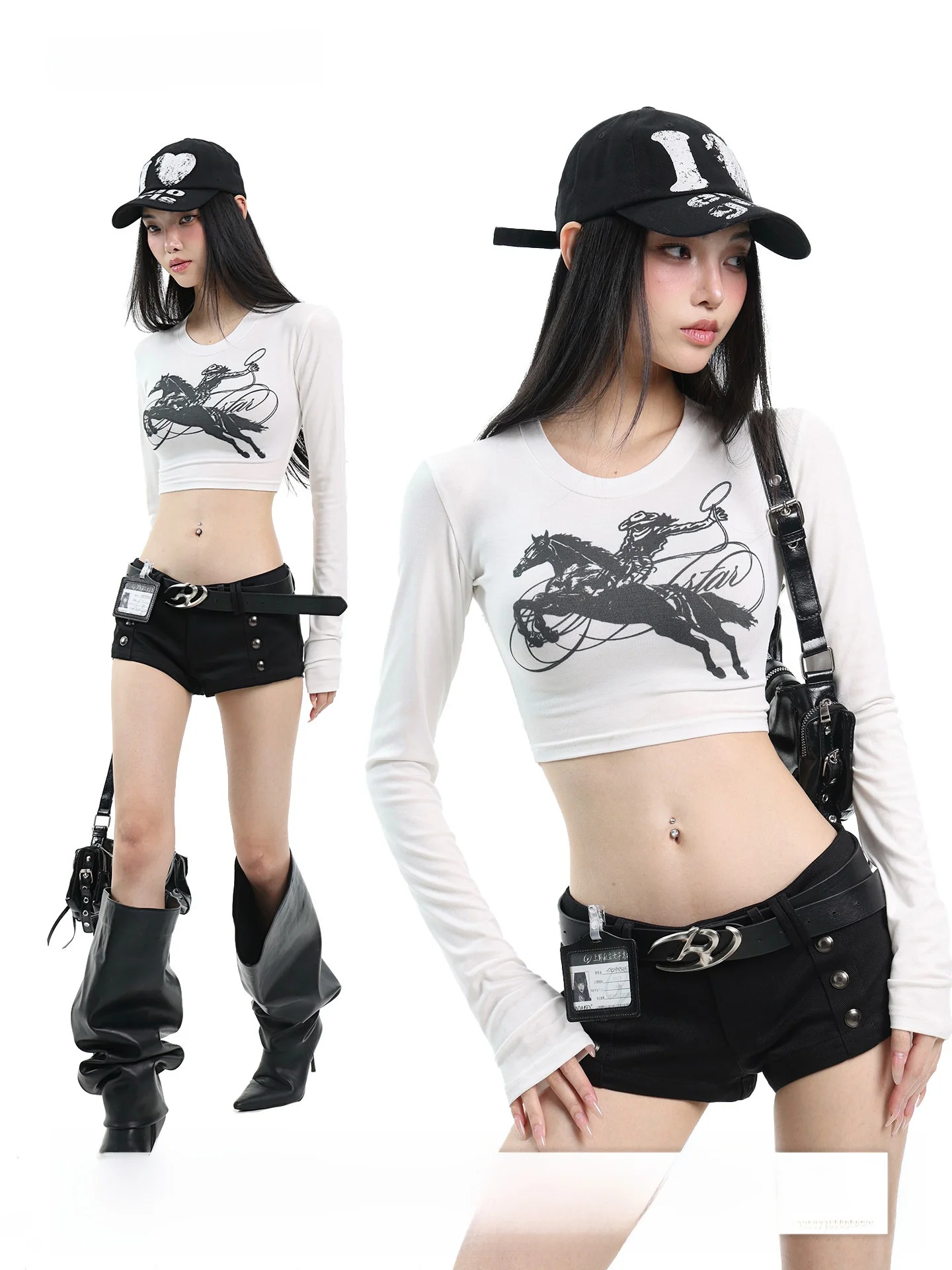 

Женская облегающая футболка с длинным рукавом и животным принтом, укороченный топ, модная уличная одежда, белая футболка