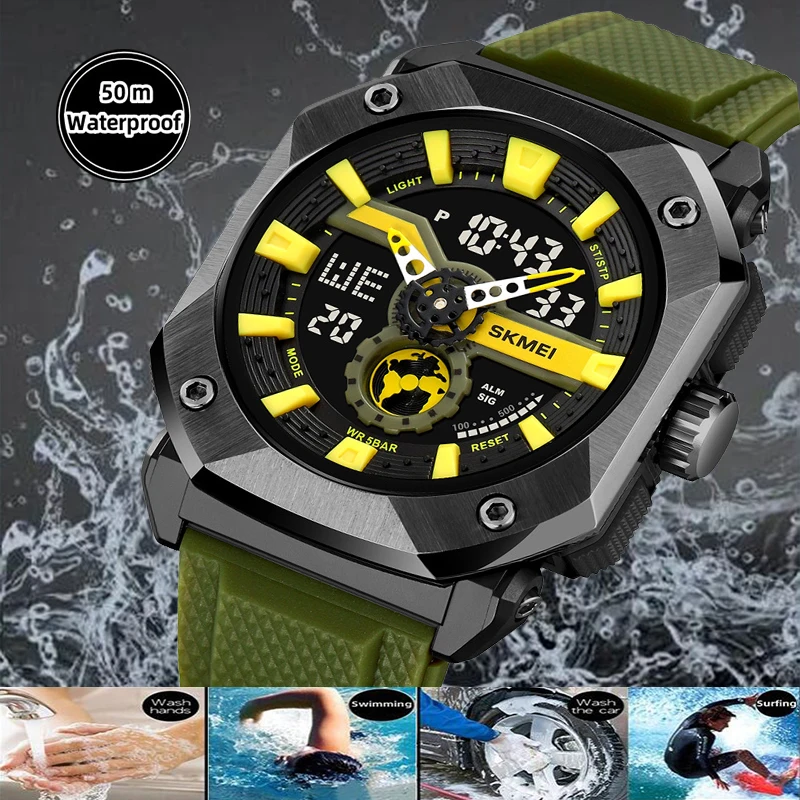 Skmei Digital Analog Display Mens Sports Watches Three Time Zone LED Light Alarm Clock Quartz Waterproof Electronical Wristwatch