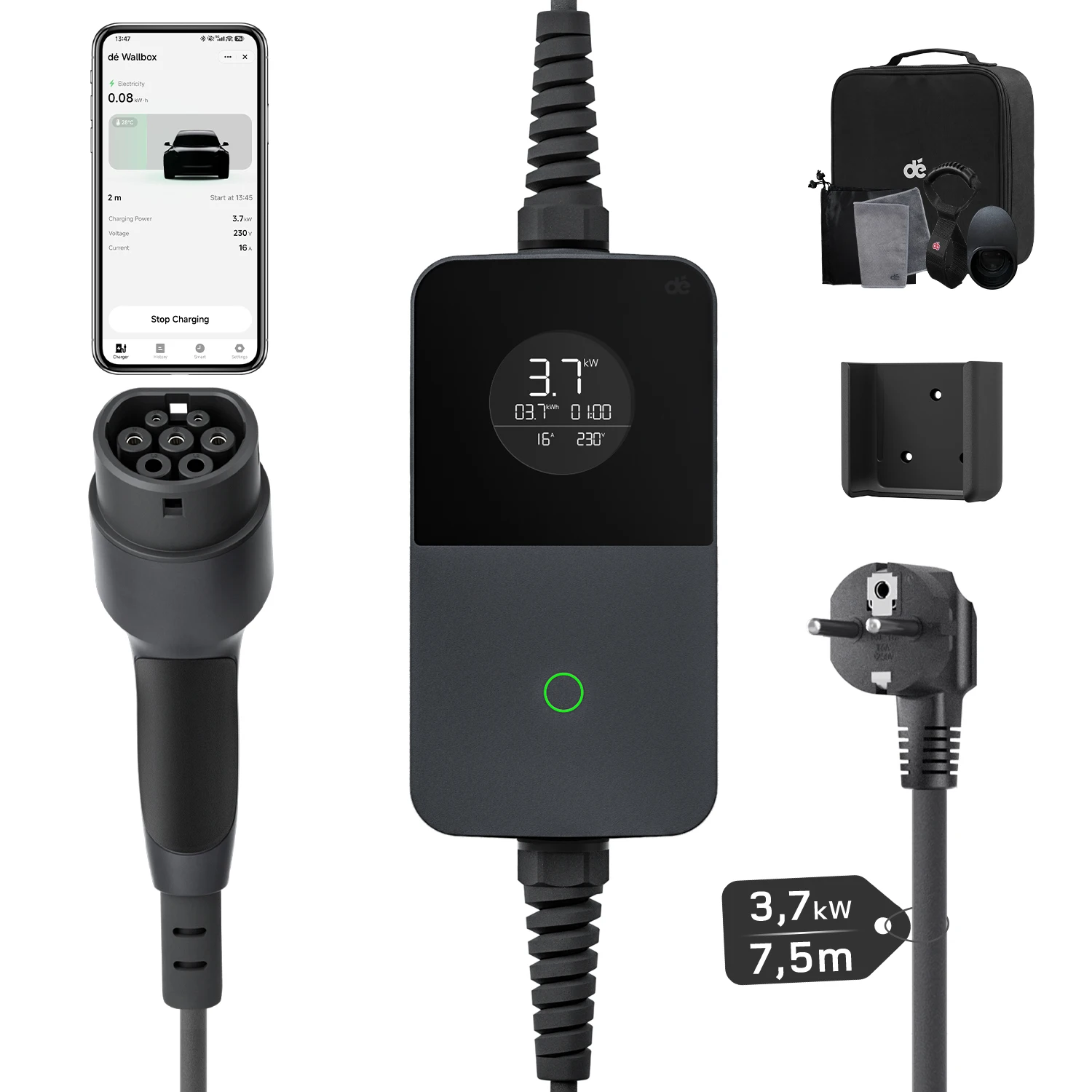 dé Caricatore EV Tipo 2 Portatile con APP, Cavo 7,5m /10m /15m /20 m, 6-16 A, IP65, Caricatore per Auto Elettriche BEV PHEV, Ricarica Domestica e da Esterno