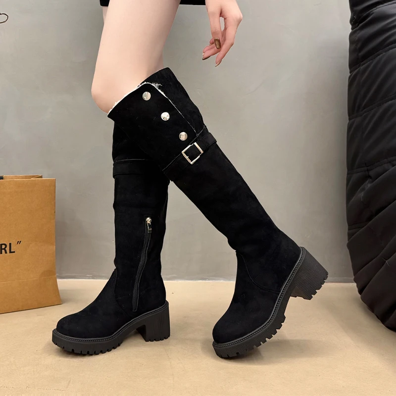 Winter Fur High Boots Warm Snow Boots High Heels Shoes Woman 2025 Designer New Chunky Dress Shoes Suede Chelsea Boots De Mujer #2