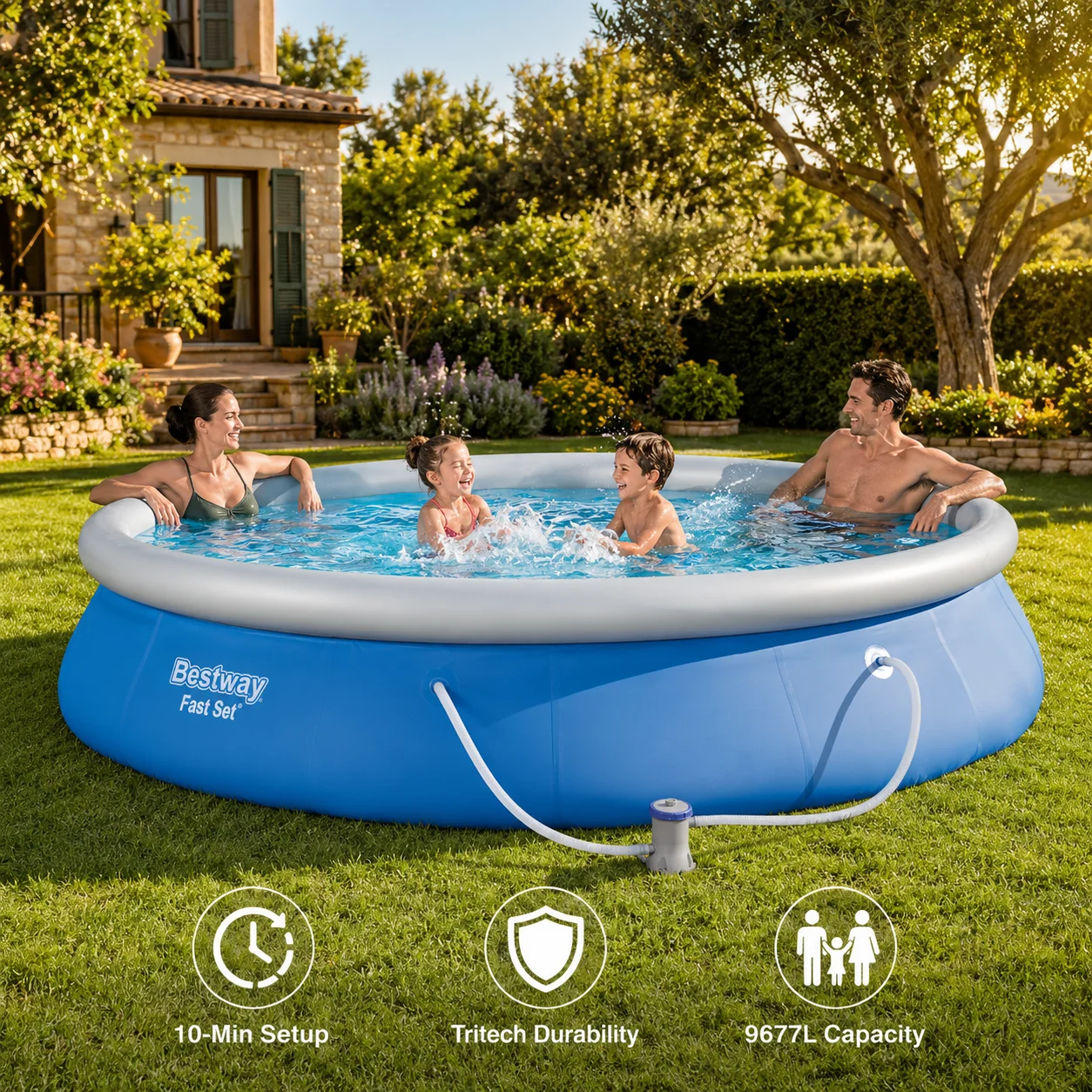Schnell Aufbaubares Aufblasbares Schwimmbad-Set, 457 X 84 cm Runder Aufstellpool mit Filterpumpe, Tritech-Material, UV- und Chlorbeständig, 9677 L Fassungsvermögen, für Garten und Outdoor-Familienspaß