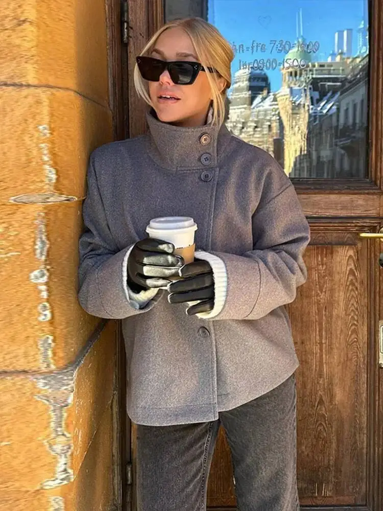 الحضرية الأسود الصوف مزيج معاطف النساء الوقوف طوق واحدة الصدر طويلة الأكمام سميكة الدافئة سترة 2025 الخريف الشتاء سيدة أبلى