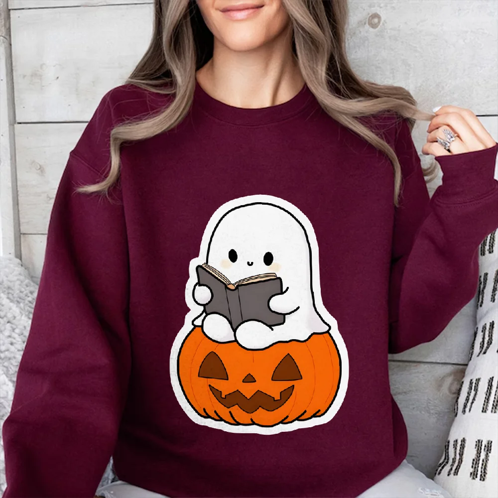 

Graphic Sweatshirt Spooky Ghost Reading Pumpkin Print Sweatshirt Oversize Casual Wear Trendy Holiday Vibe Fun Y2k Style Clothes