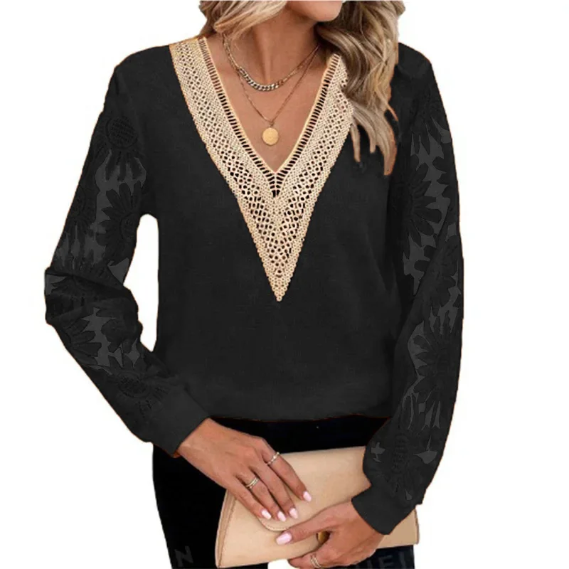 Stylish Lace Hollowed Out Patchwork Shirt Women V-Neck Long Sleeve Spring Autumn Solid Color Blouse Top