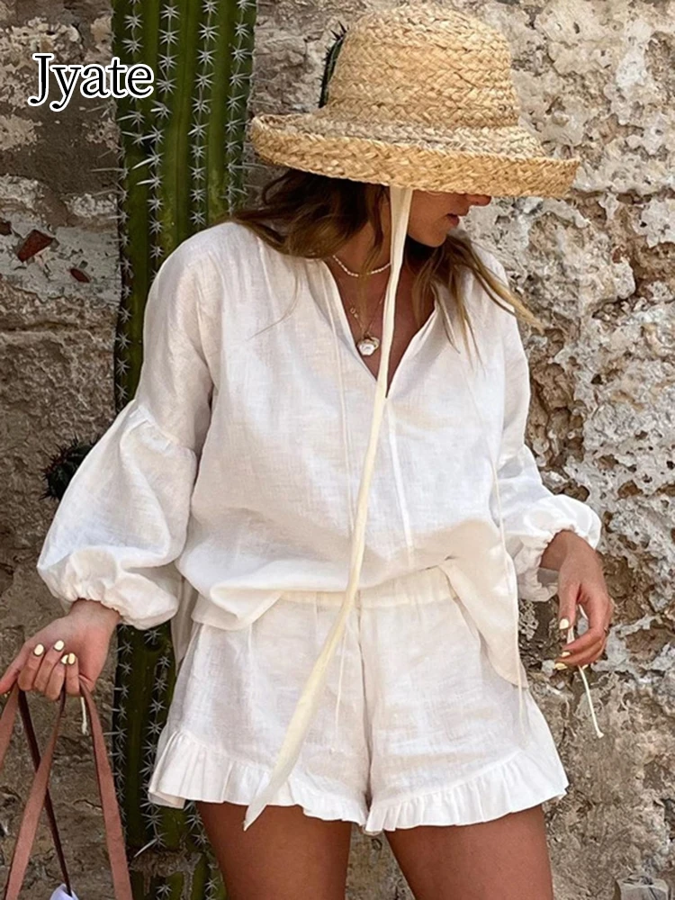 

Jyate 2024 Summer Casual Beach Vacation Women Outfit Cotton Suit Lantern Sleeve Shirts + Elastic Waist Short 2 Piece Sets