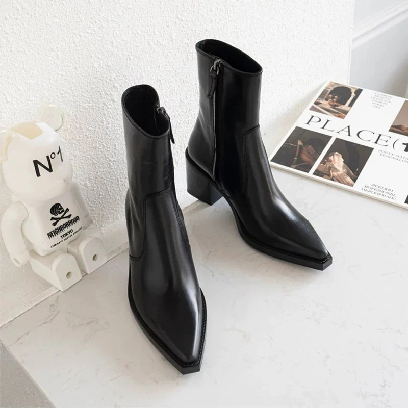 2024 New Ladies Square Toe Ankle Boots Fashion Chunky High Heels Women\'s Boots Casual Party Woman Shoes Black Boots