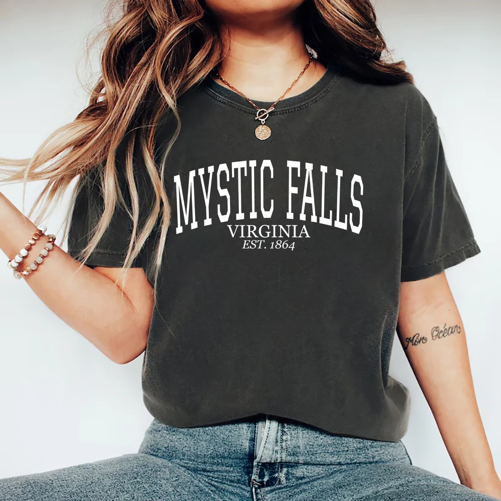 

Mystic Falls Virginia Est1864 Shirt Gift for Vampire Fan Women's Short Sleeve T-shirts Salvatore Brothers Shirt Streetwear Tops