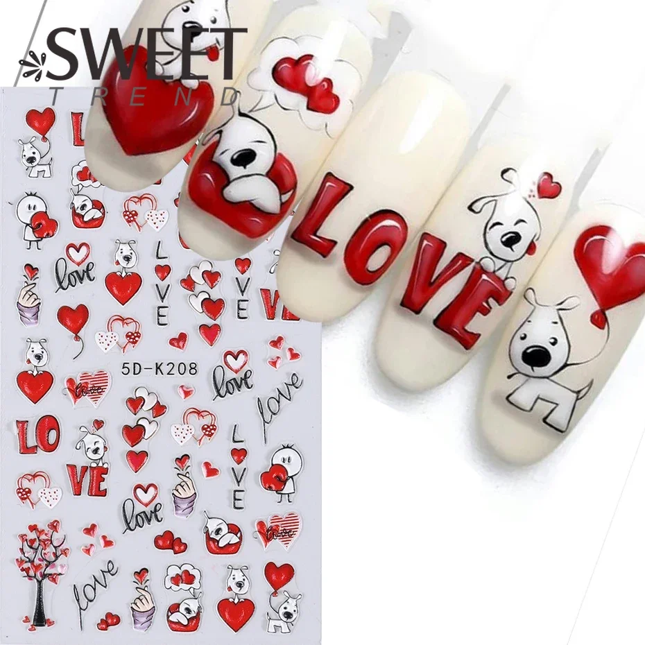 

5D Embossed Nail Stickers Lover Valentines Day Cartoon Nail Decals Chocolate Hearts Relief Sliders Bears For Manicure Decoration