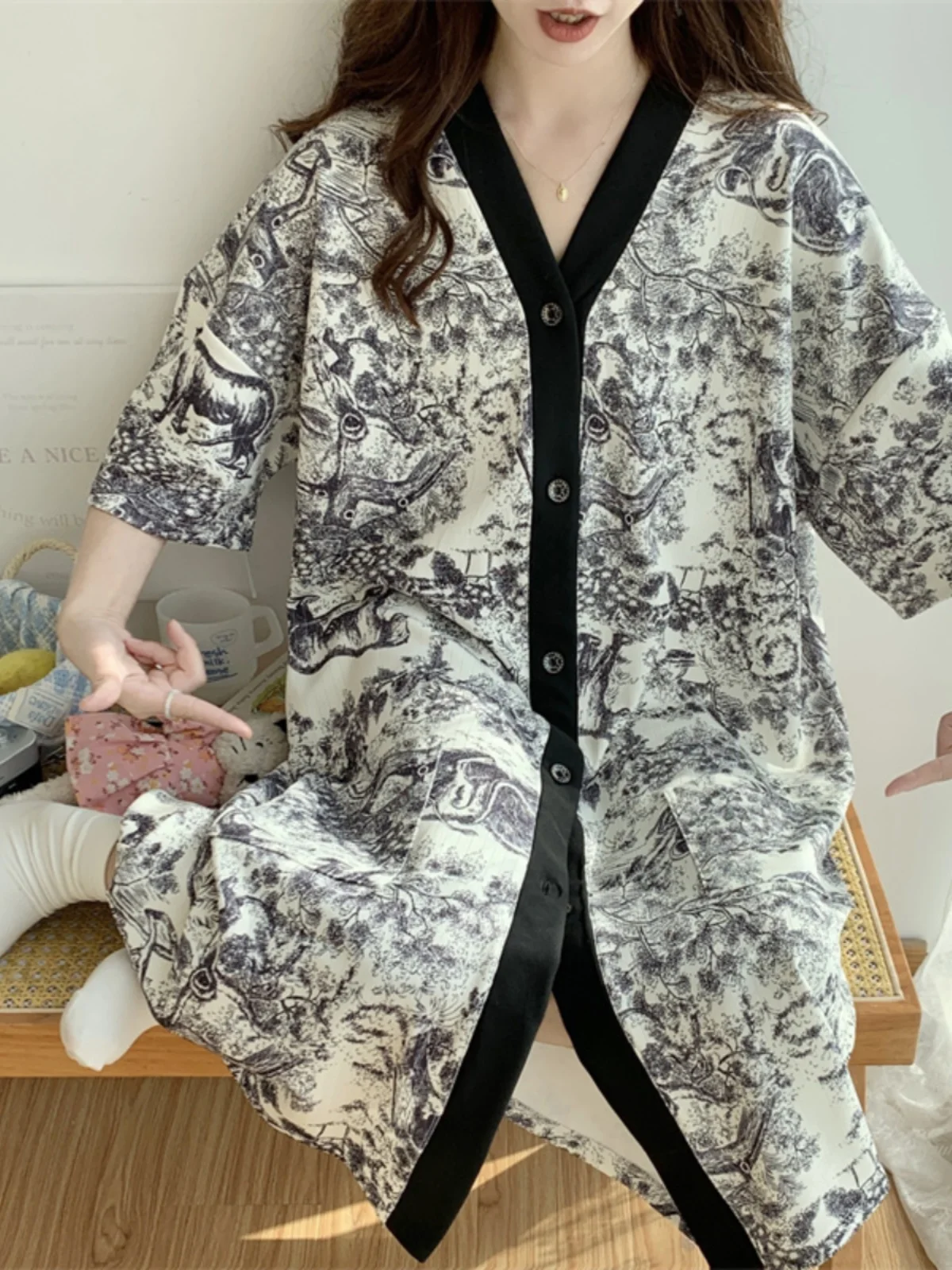 plus Size Sleepwear Thin Loose Short Sleeve Button down Summer Sweet Girl Home Clothes Polyester Fiber V-neck Cartoon Pattern