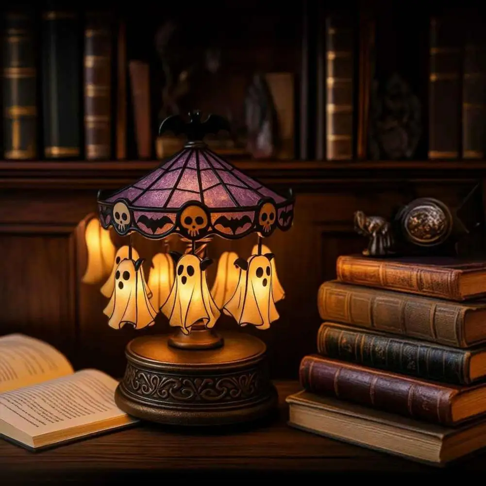 ديكور ساحر للهالوين احتفالي ضوء ليلي دائري من الزجاج الملون المخيف مع مصباح مكتب شبح عائم للهالوين لغرفة النوم