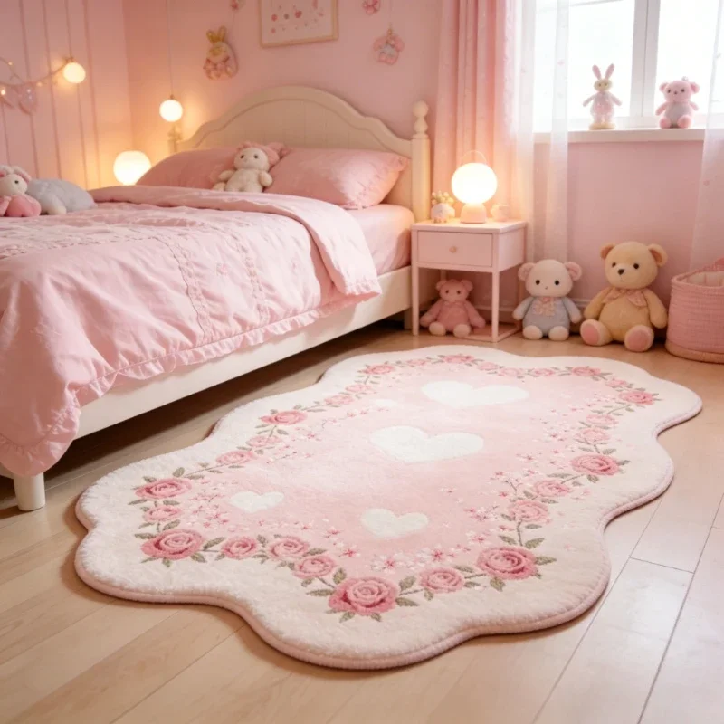 Girly Style Carpets for Living Room Pink Flowers Bedroom Decor Carpet Fluffy Soft Irregular Bedside Rug Home Thicken Floor Mat