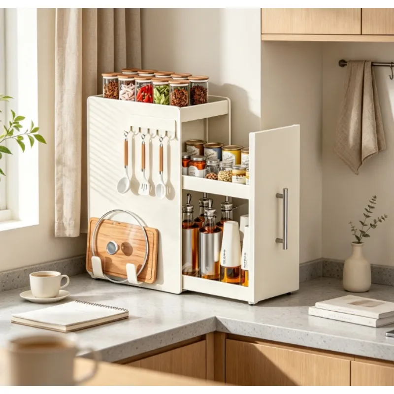 Pull-Out Narrow Spice Rack for Kitchen Countertop, Slim Storage Organizer for Seasoning Jars, Easy Access Slide-Out Rack