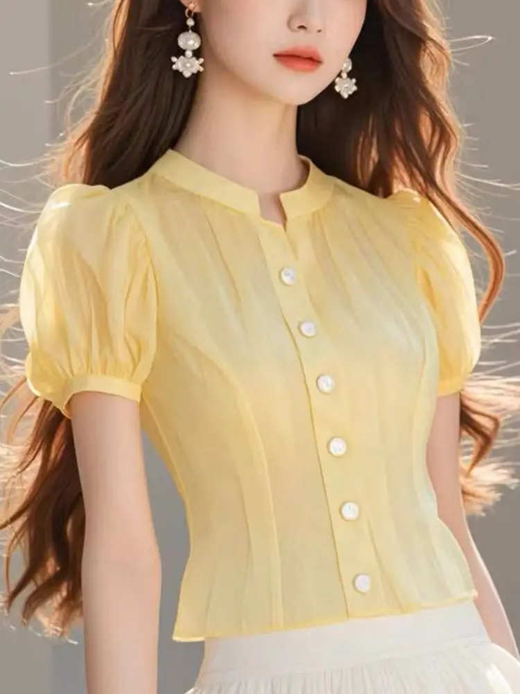 เสื้อเชิ้ตแขนสั้นสีเหลืองสําหรับผู้หญิงฤดูร้อนใหม่เอวสั้นสไตล์ชีฟองด้านบน