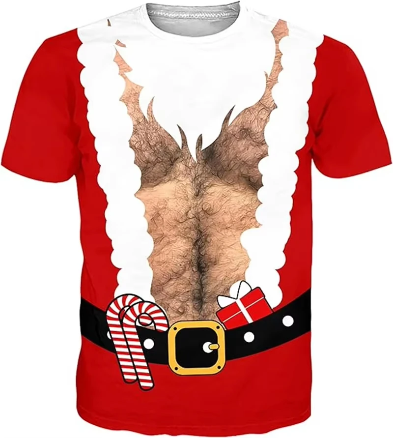Novelty 3D Illusion Fake Body Print T‑Shirt Funny Hairy Chest Muscle Suit Graphic Short‑Sleeve Unisex Holiday Party Casual Tees