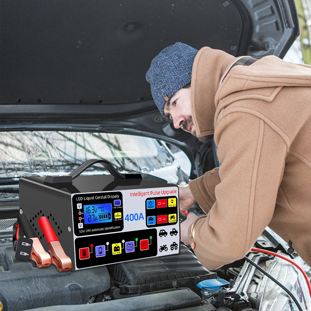 

Интеллектуальное импульсное зарядное устройство 400А для восстановления аккумуляторов, высокомощное быстрое зарядное устройство 12В/24В, пятиступенчатое полностью автоматическое зарядное устройство для автомобильных аккумуляторов 220Вт