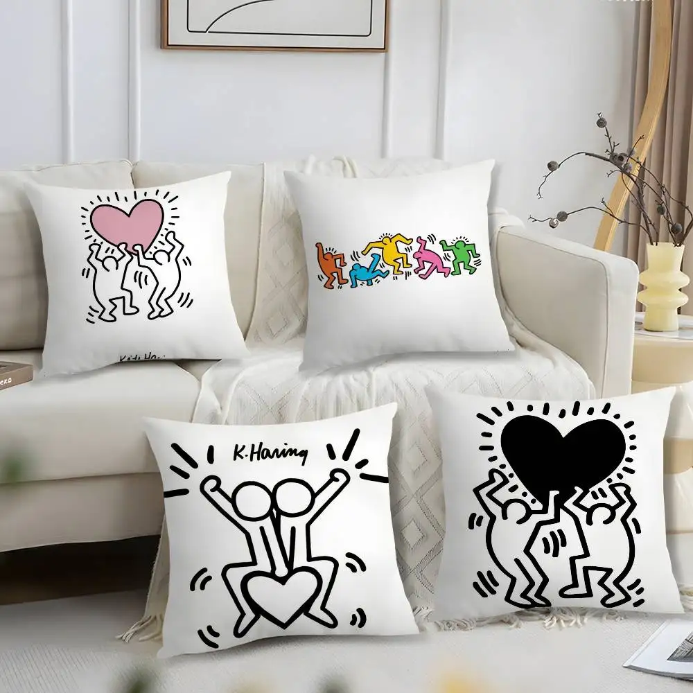 Divertida funda de almohada artística K-Keith H-Harings, funda de cojín corta con estampado de felpa, fundas de almohada cuadradas, decoración del hogar para sofá