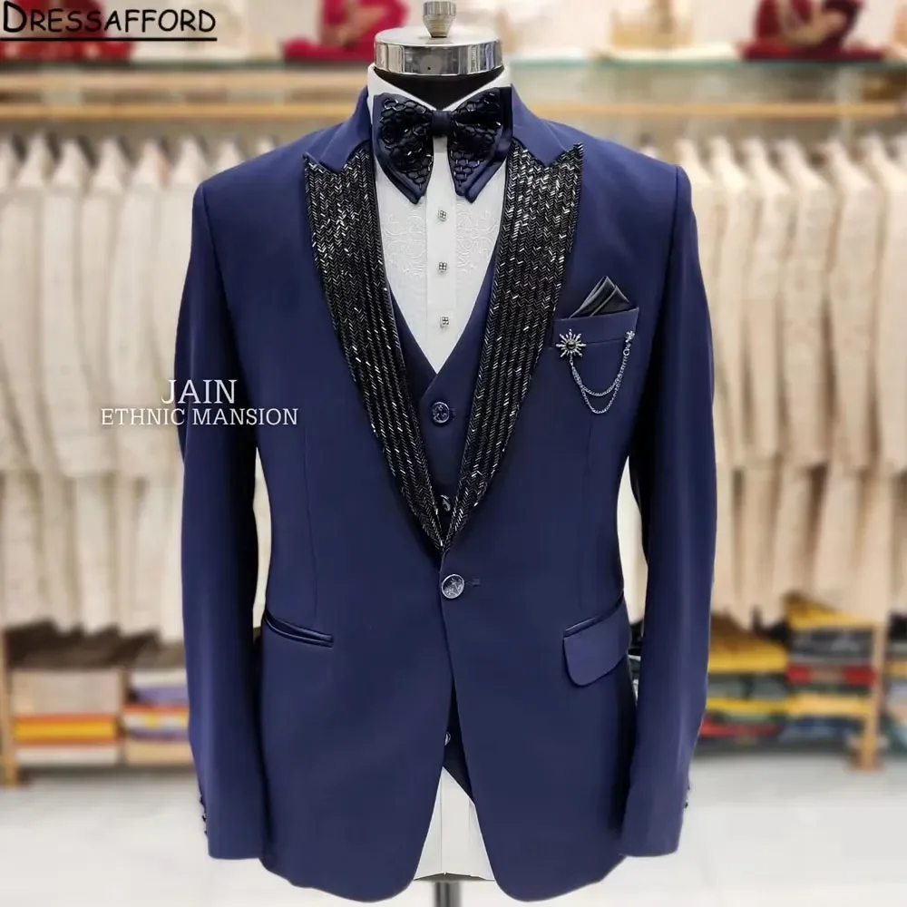 Blue Men's Suits Fashion 3 Pieces Sets Groom Prom Blazers Beading Neckline Decoration Tuxedos Men