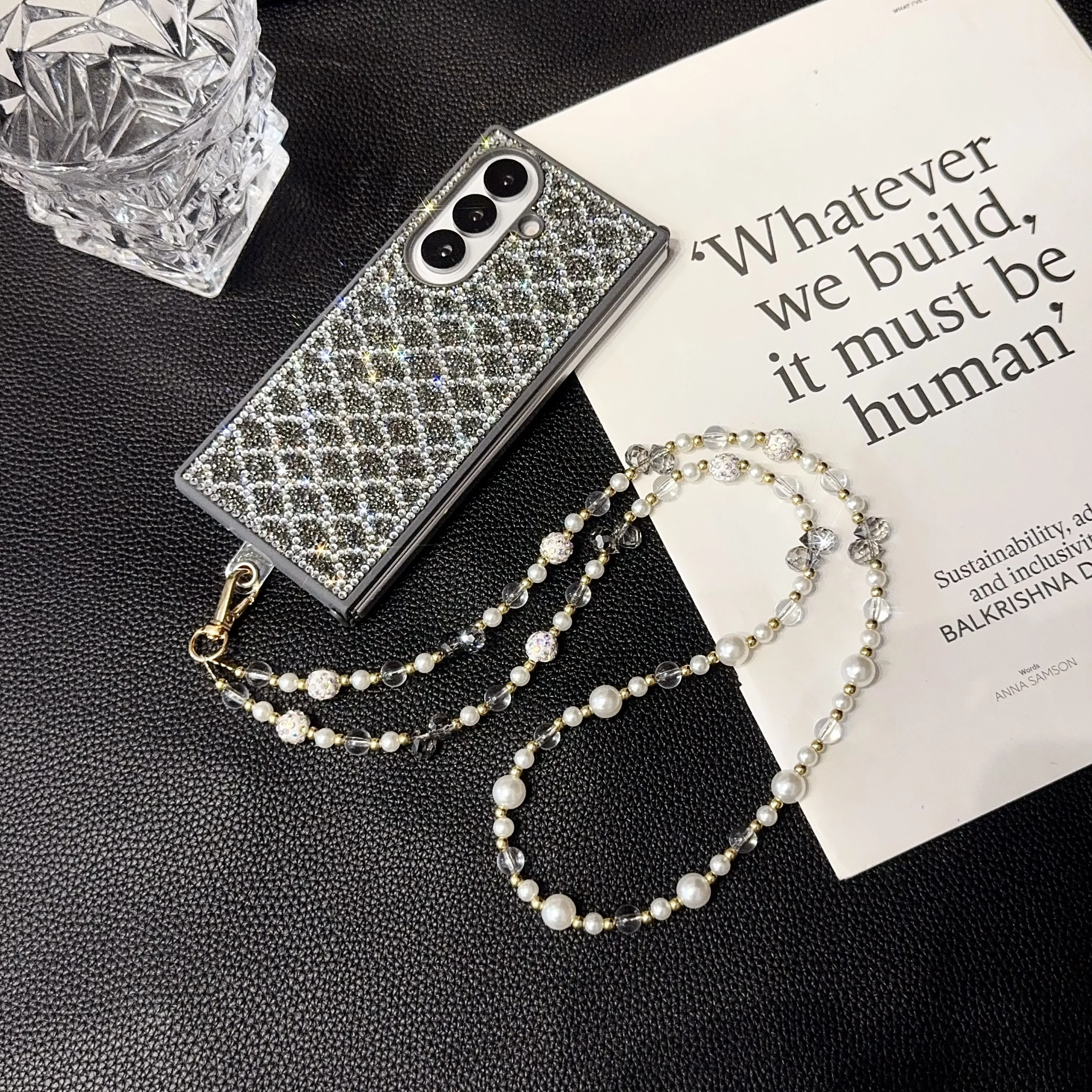 Роскошный уникальный чехол для телефона на запястье с ромбовидной шкалой и кристаллами жемчуга для Samsung Galaxy Z Fold 7, 6, 5, 4, 3