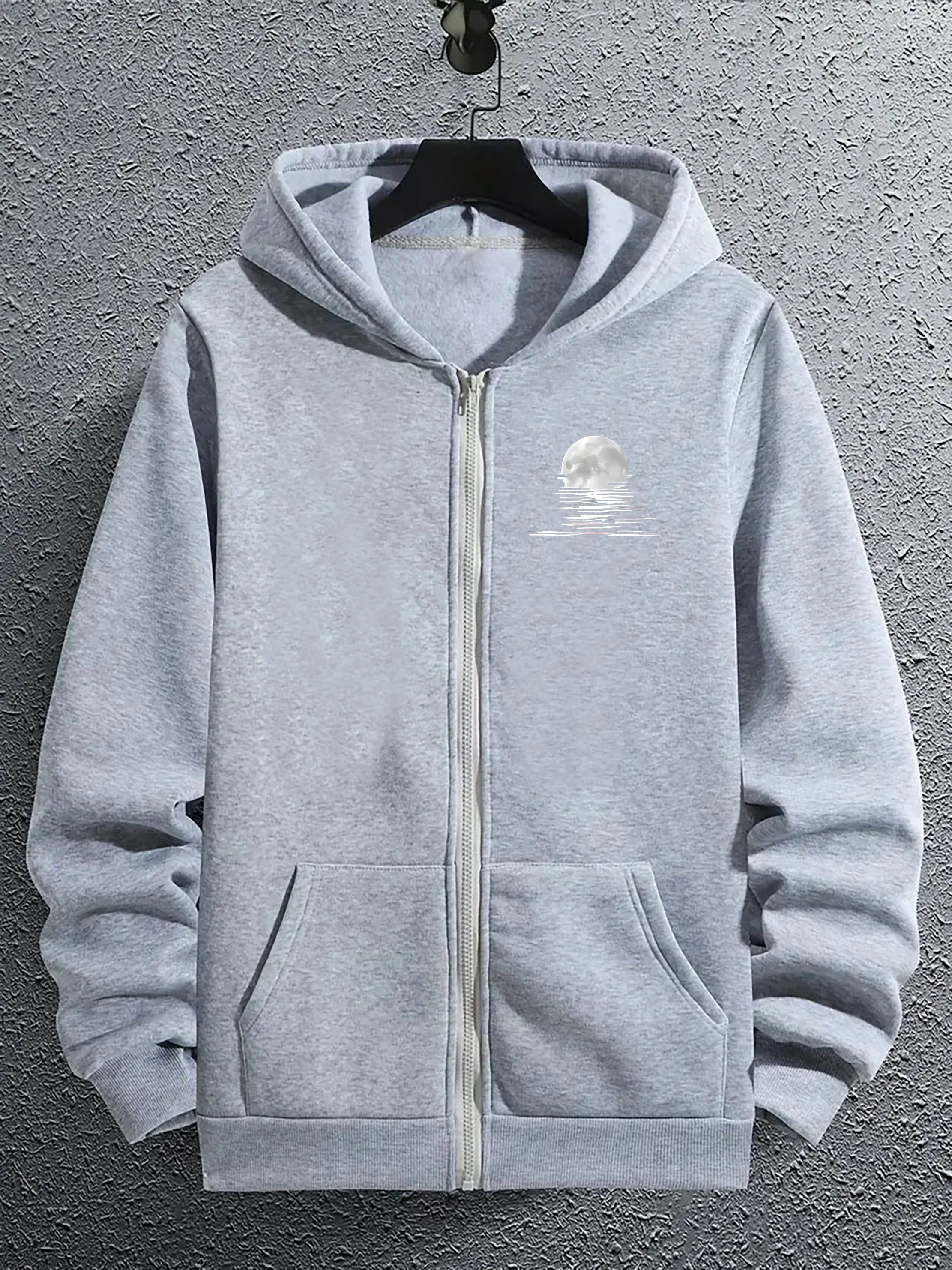 Men's Moon Water Reflection Graphic Zip Up Hoodie Long Sleeve Casual Hooded Sweatshirt with Kangaroo Pocket Streetwear Outerwear