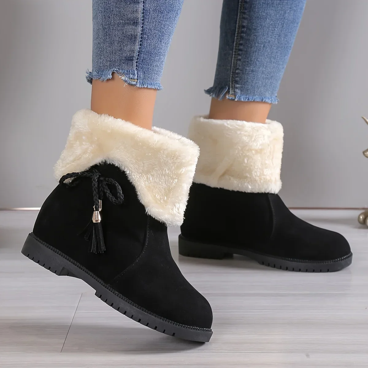 Careaymade-Women Bowknot Decor Snow Boots Casual Slip On Plush Lined Winter Boots Comfortable Ankle Boots