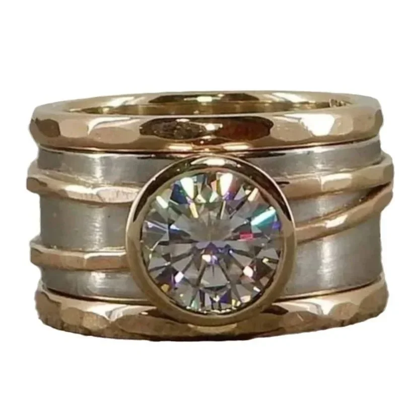 Personalized fashion new heavy industry wide-face inlaid zircon two-color electroplated men's and women's rings