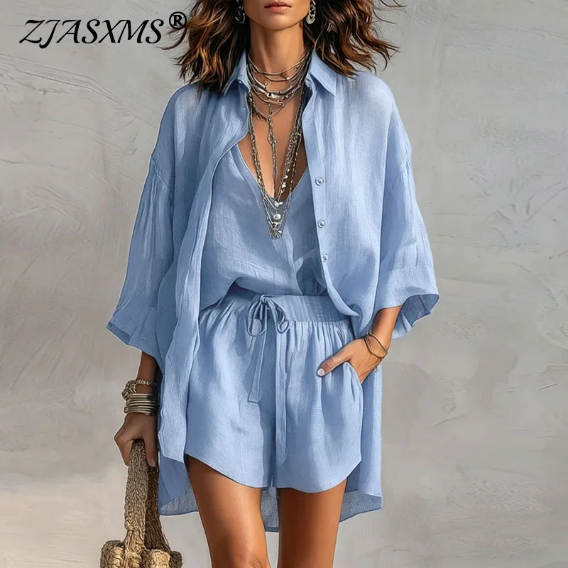 Boho-Knopf-Set, 3-teilig, Damen, V-Ausschnitt-Shirt + ärmelloses Cami-Top + Shorts mit Bund, Freizeit-Sommer-Strand-Outfit mit Taschen