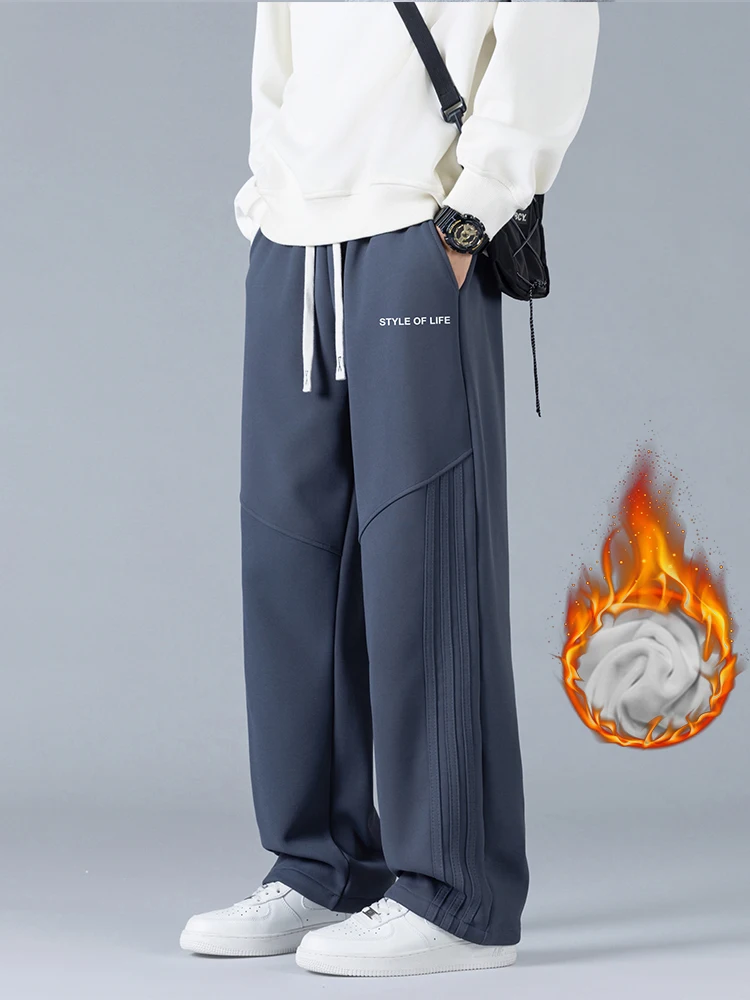 

Winter Men Loose Fleece Pants Straight Wide Velvet Trousers Fashion Casual Drawstring Warm Plush Sweatpants Male