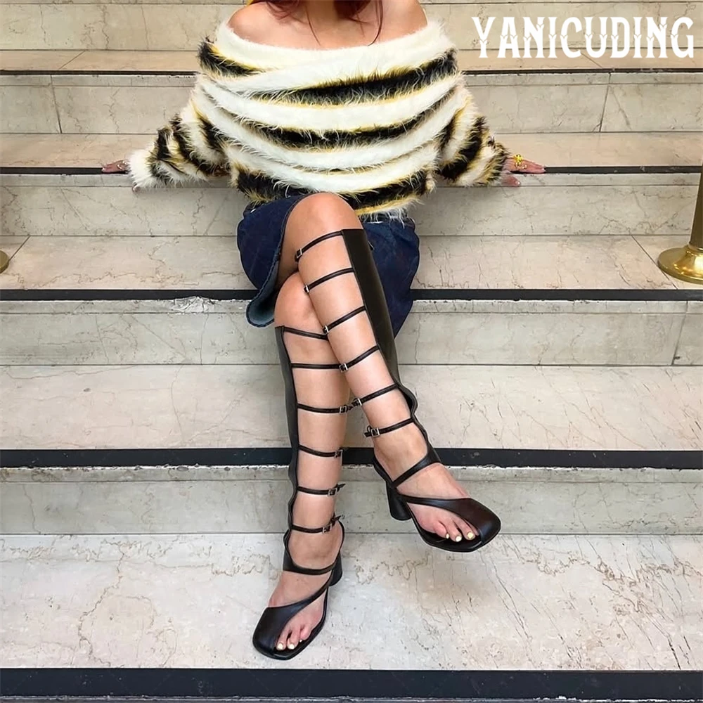 Curved Heel Multi Buckle Sandal Boots Asymmetric Square Toe Knee High Boots Novelty Designer Style Cage Sandals Boots for Women