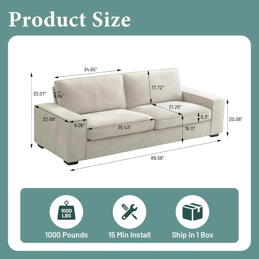 88-inch display couple's sofa and bedroom 3-seater lounge sofa with removable backrest and seat cushion，Modern Beige