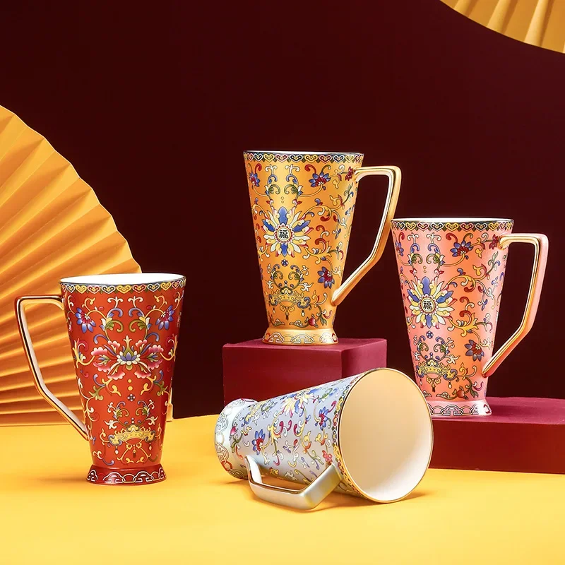 Luxury new Chinese enamel color palace style bone china Datang cup large capacity water mug milk tea cup juice cup