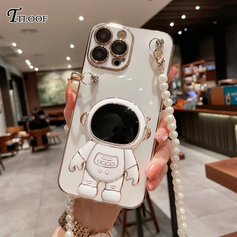 Astronaut Stand Holder Pearl Crossbody Lanyard Case For Samsung Galaxy S24 S23 S22 S21 Ultra S20 FE S10 Note 20 10 Plus Cover