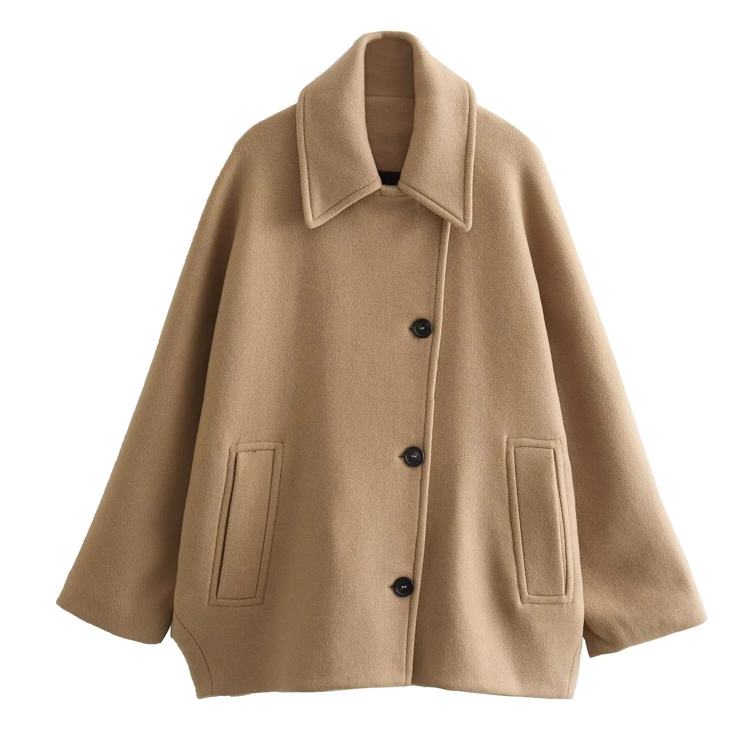 Schicker französischer Tweed-Mantel für Damen, mit Reverskragen, Fledermausärmeln, einreihiger Knopfleiste, Taschen, locker geschnitten, kurz, warm, eleganter Wintermantel. – Detail 13