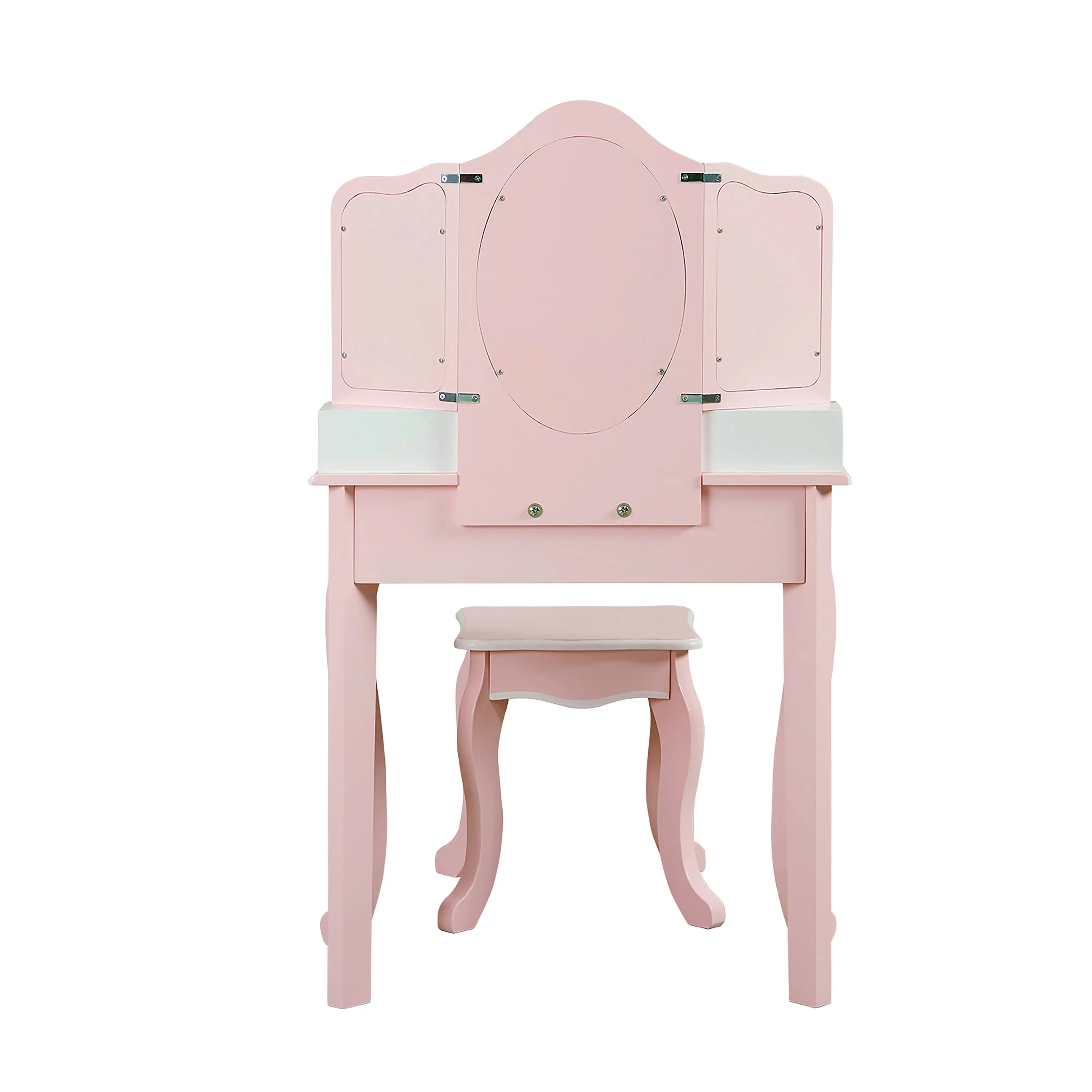 Set Meja & Bangku Rias dengan Cermin Lipat Tiga Akrilik, Merah Muda