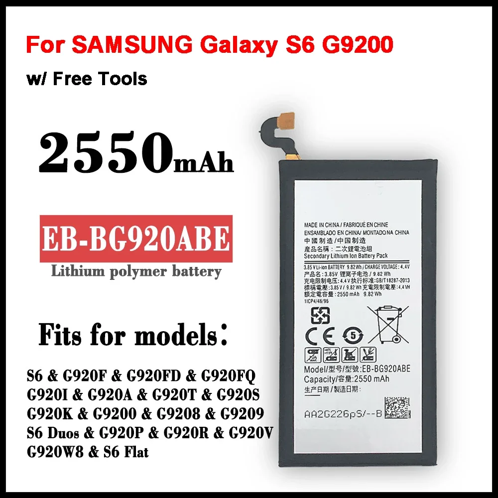 

Оригинальный аккумулятор EB-BG920ABE EB-BG920ABA 2550 мАч для SAMSUNG Galaxy S6 G9200 G9208 G9209 G920F G920 G920V/T/F/A/I + инструменты