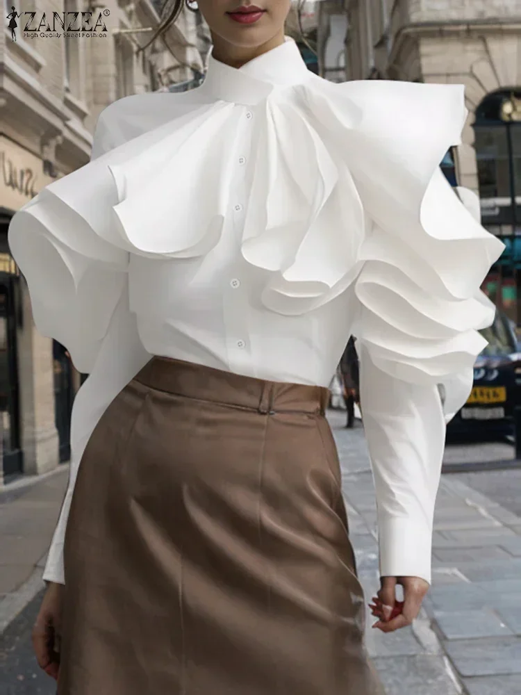 ZANZEA 2025 Fashion Vintage Solid Office Blouse Women Ruffled Street Shirts Spring Long Sleeve Tops Casual Loose Buttons Tunics