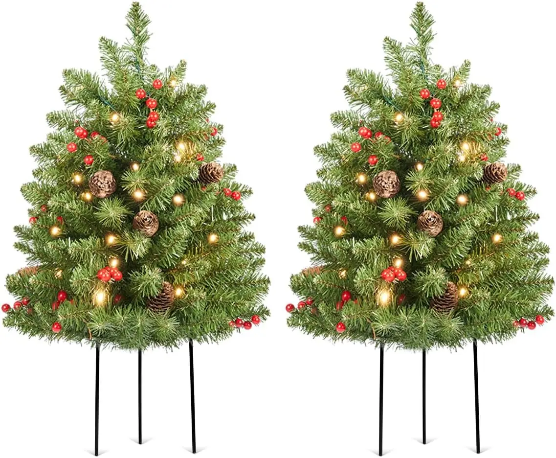 

Искусственная рождественская елка с предварительной подсветкой, 30 футов, конусы и ягоды, упаковка из 2 зеленых уличных урн для дорожки, крыльца, подъездной дороги, двора