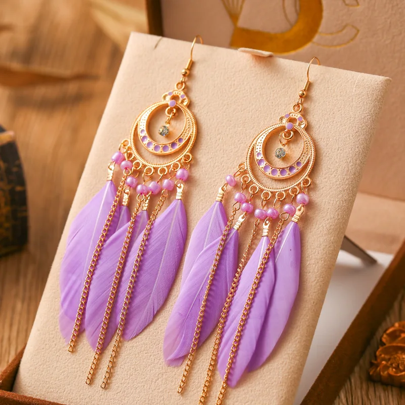 Fashion Bohemian Colorful Feather Earrings for Women Elegant Long Vacation Style Temperament Earrings Party Daily Jewelry