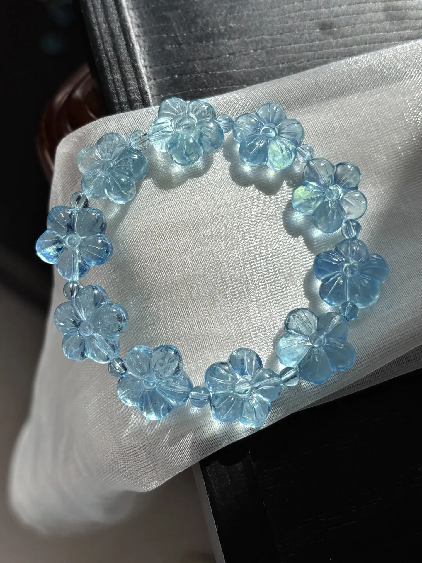 Natural Blue Aquamarine Clear Flower Beads Bracelet Women Men Brazil 16.5mm Stretch Blue Aquamarine Jewelry AAAAA