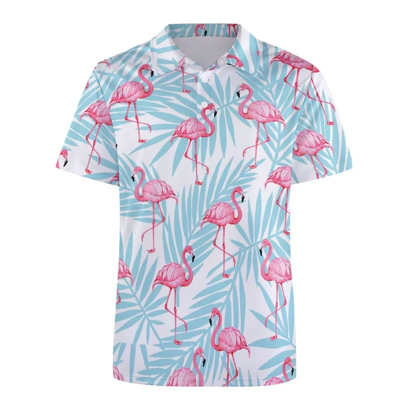 Hawaiian Plants 3D Print Polo Shirts For Men Clothes Fashion Flamingo Bee Graphic Short Sleeves Tees Oversized Button POLO Shirt