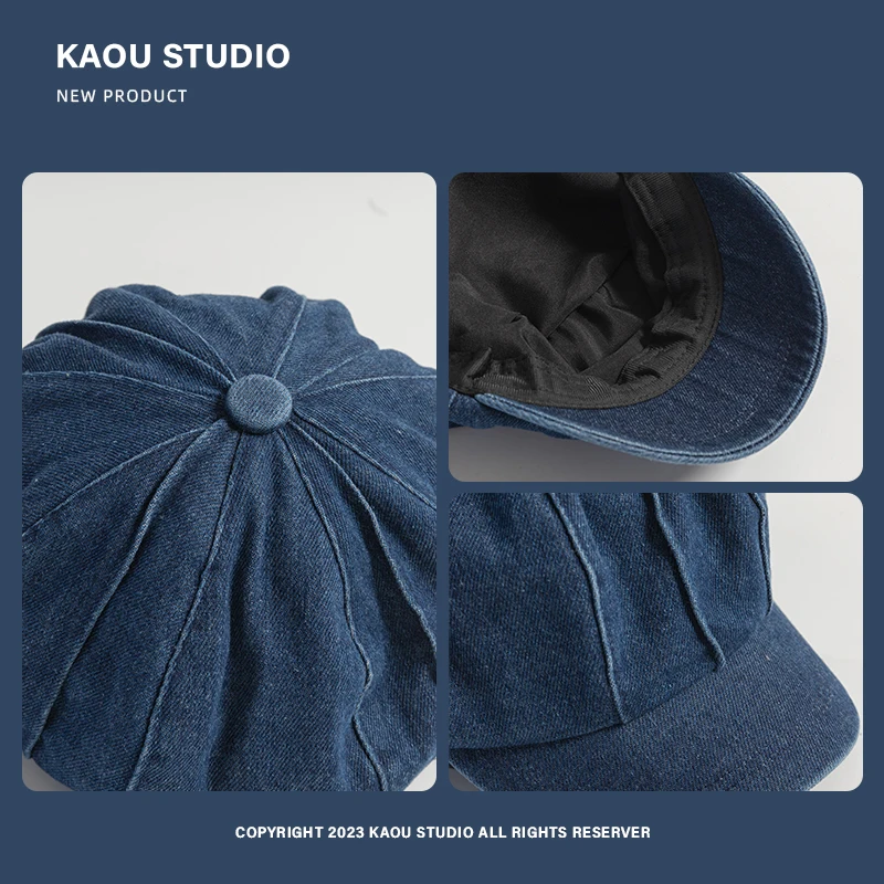 Retro Denim Octagonal Cap Women's Spring and Autumn New Korean Beret Niche Stitching Cloud Hat 5
