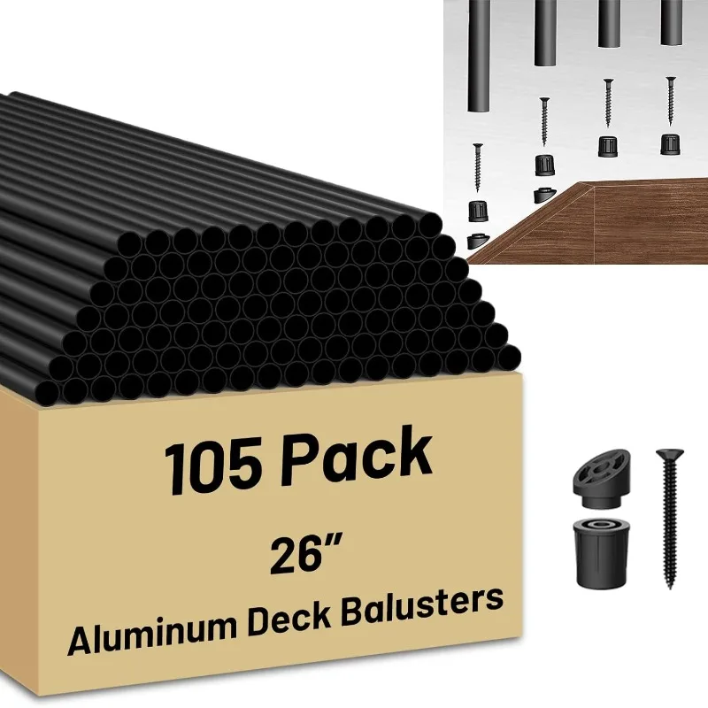105 Pack 26 Inch Aluminum Balusters For Deck Railing,Black Round Metal Spindles For Staircase,3/4