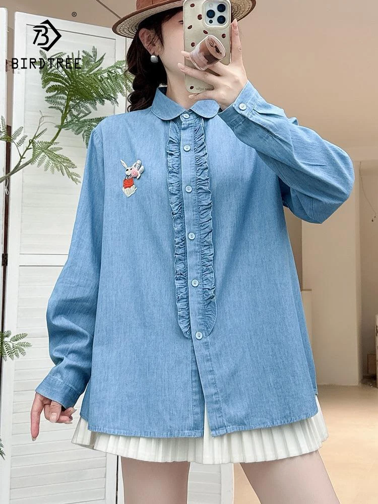 

New 2025 Autumn Long Sleeve Denim Shirt, Women Turn-down Collar Embroidery, Mori Girl Sweet Ruffles Chic Loose Blouse T58676CC