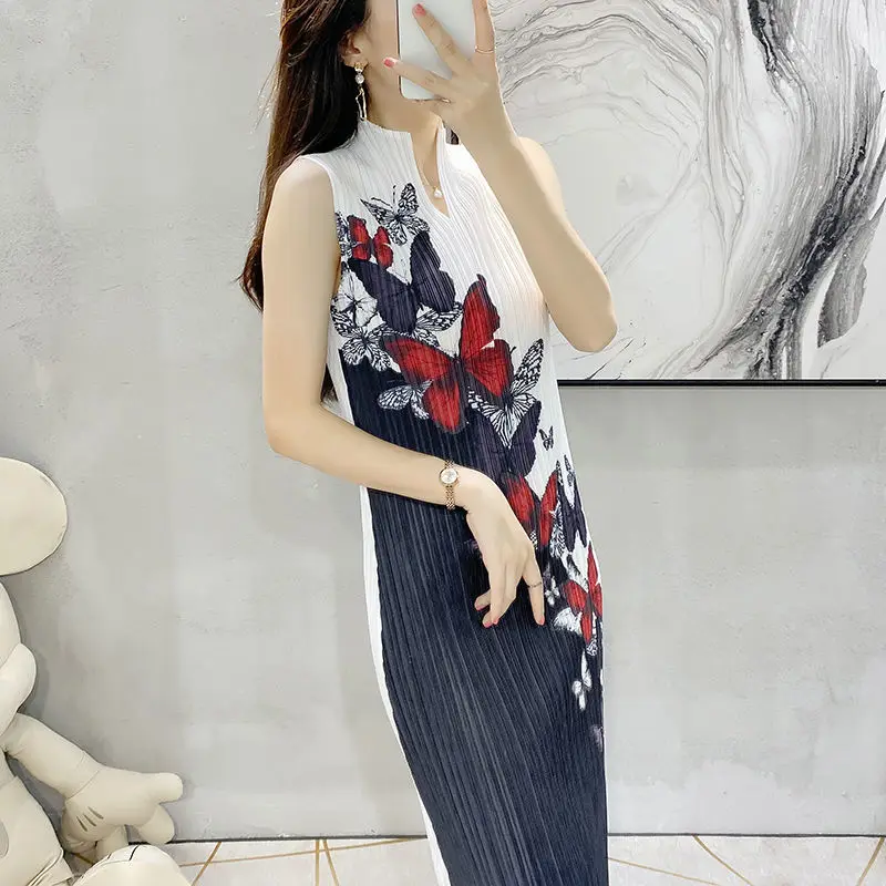 

Fold Vests Lamous Dress 2023 Summer New Fashion Printing Country Wind Retro Light Luxury Advanced Sleeveless O Neck Dress Female