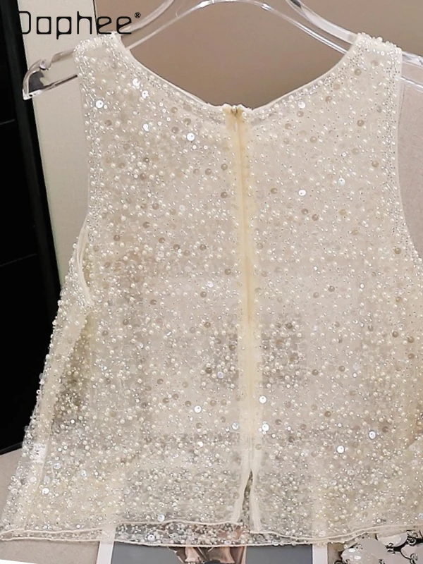 

Fashion Heavy Beaded Sequin Elegant Socialite Tank Top Women Loose Versatile Slimming Round Neck Sleeveless Crop Top Trendy