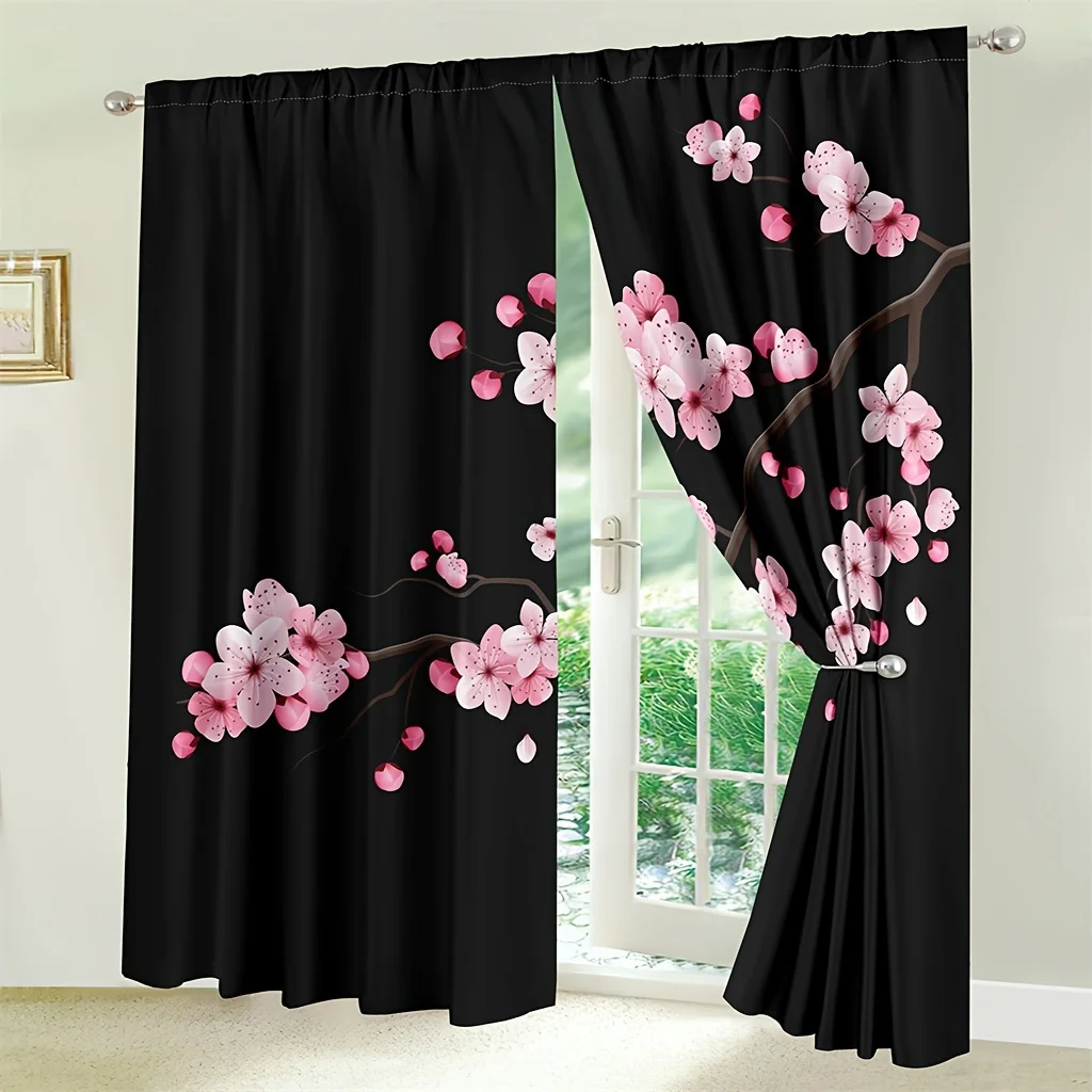 

2pcs Floral Curtains,Japanese Sakura Branch Spring Printed Curtain,Window Drapes Rod Pocket Window Treatment For Living Room