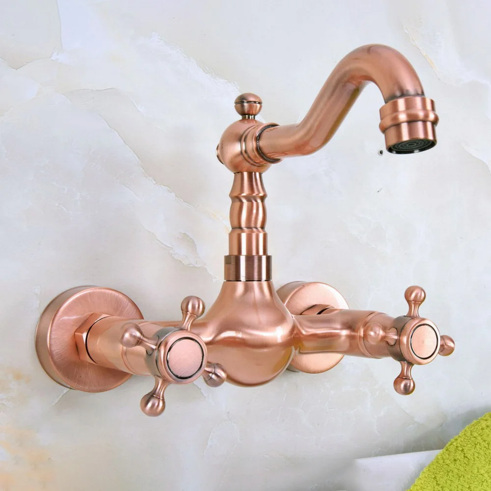 

Античный красный медный смеситель для ванной комнаты, кухонной раковины, смеситель для раковины, поворотный излив, настенные двойные крестообразные ручки Nnf946