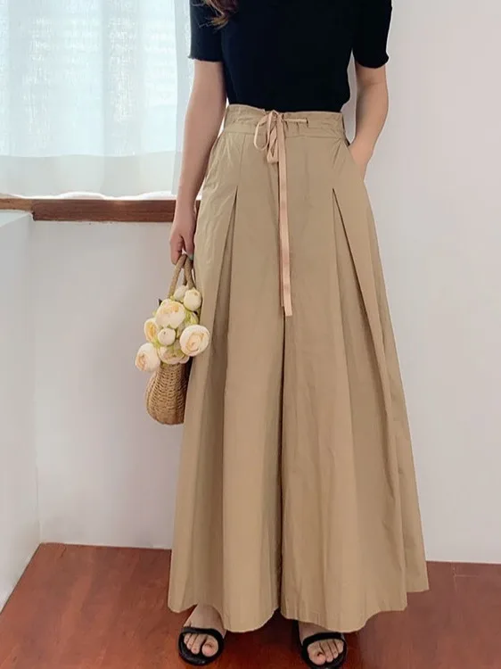 

Loose Wide Leg Pants Women's Skirt Pants Dstring Elastic Waist Faion High-End Pleated A-Line Long Skirt Thinming Effect